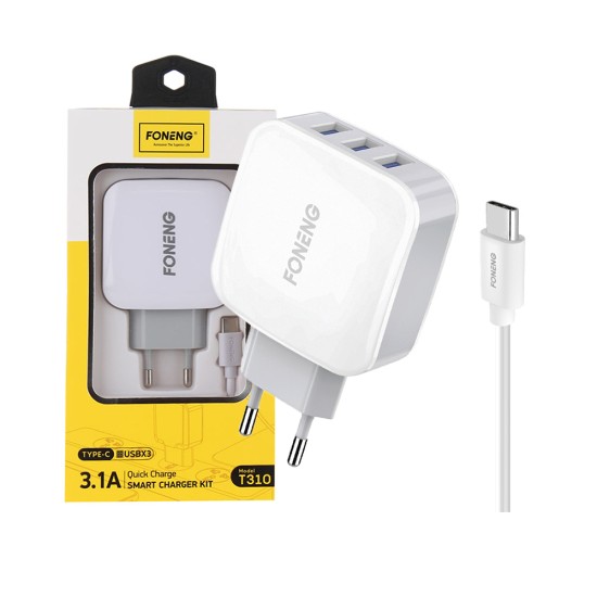 Foneng Fast Charger Adaptor T310 with Type C Cable 3 USB 3.1A White Foneng Fast Charger Adaptor T310 with Type C Cable 3 USB 3.1A White